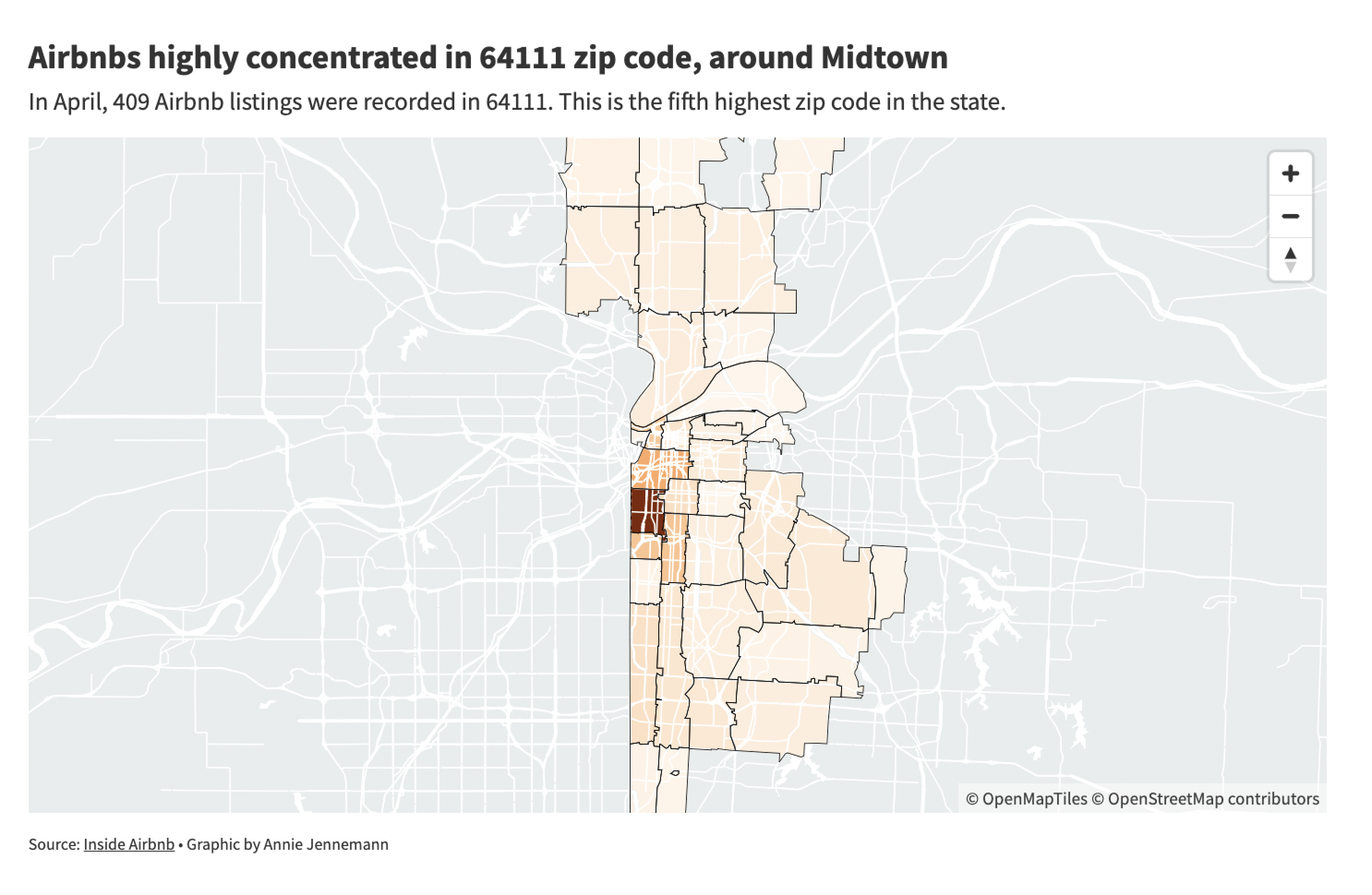 A map of Kansas City showing Airbnbs by zipcode, with the 64111 having the most. 