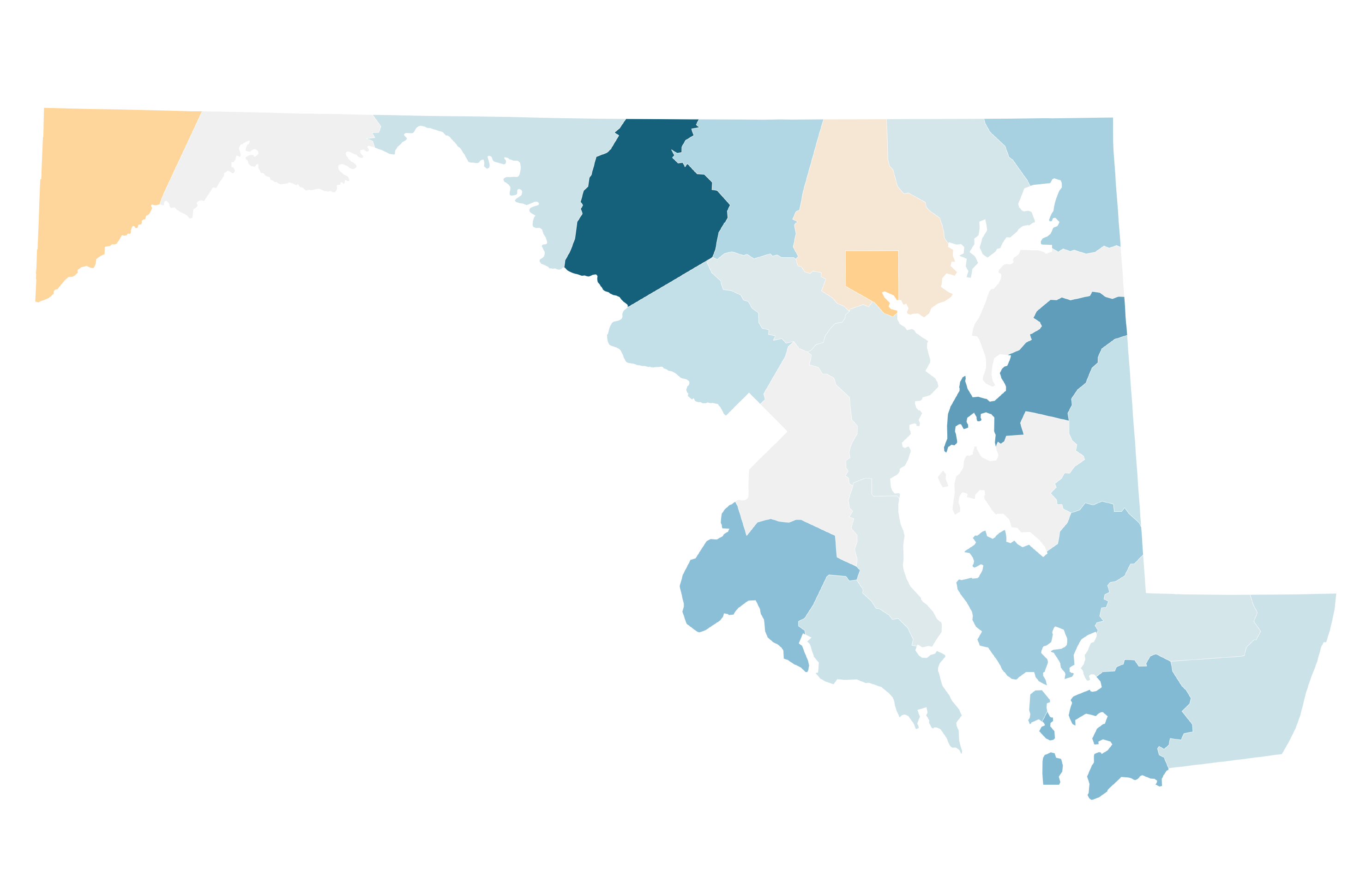 A thumbnail for Annie's story about the 2023 vintage census estimates release showing a map of Maryland jurisdictions where all but three jurisdicitons gained population from the prior year.