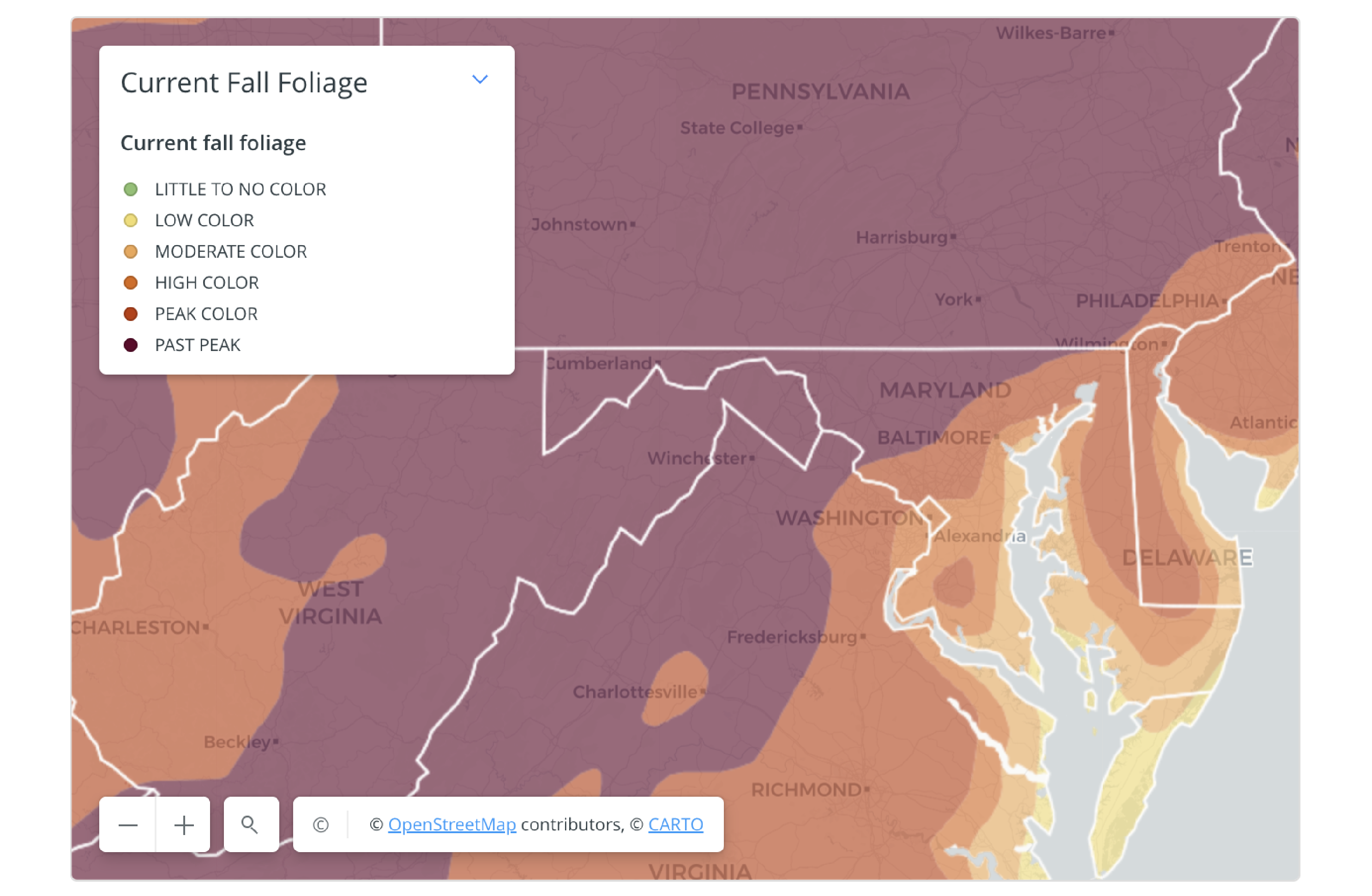 A screenshot of a fall foliage tracking map centered on Maryland.