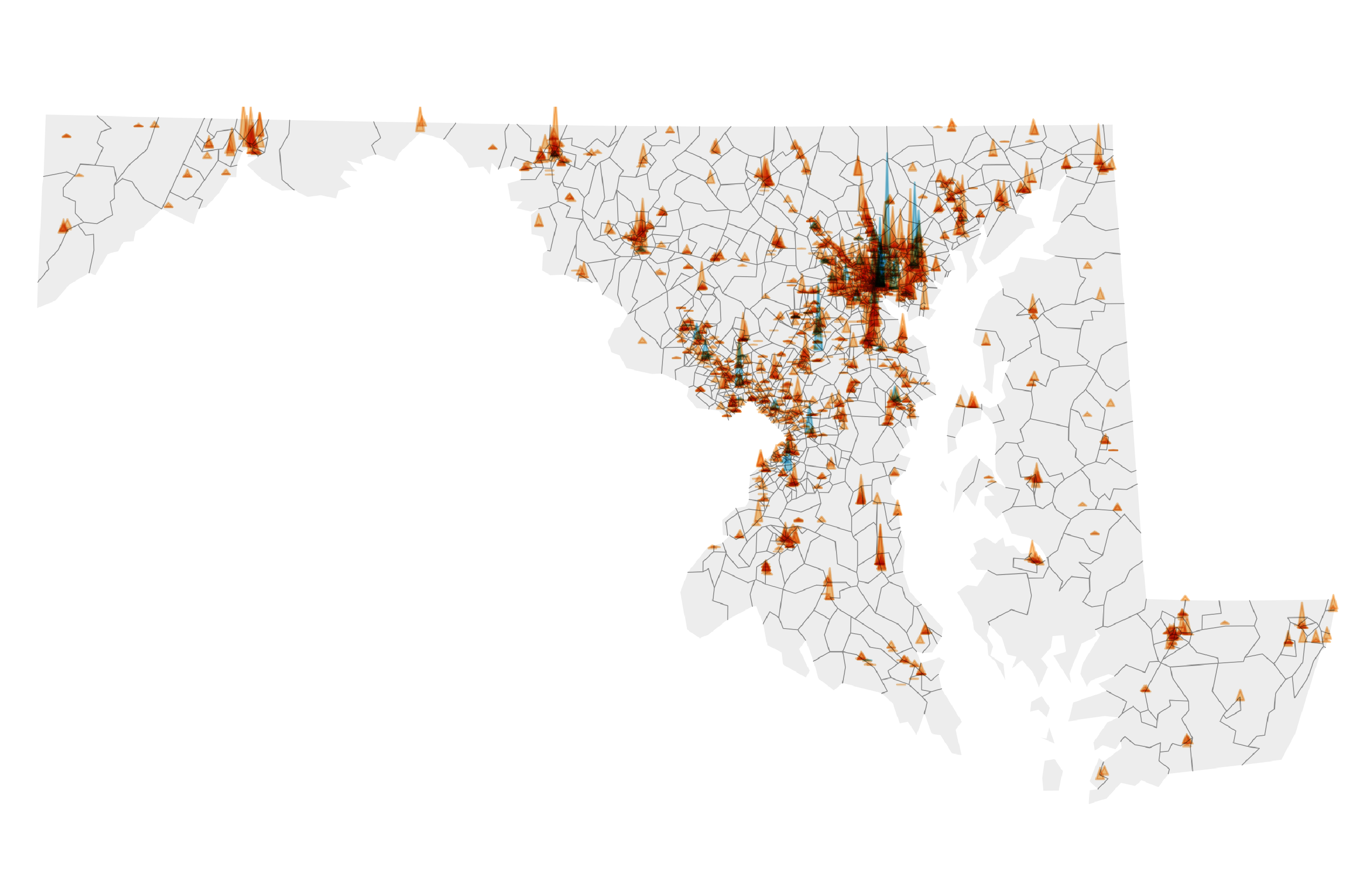 A thumbnail of a map showing opioid distribution by pharmacy in Maryland.